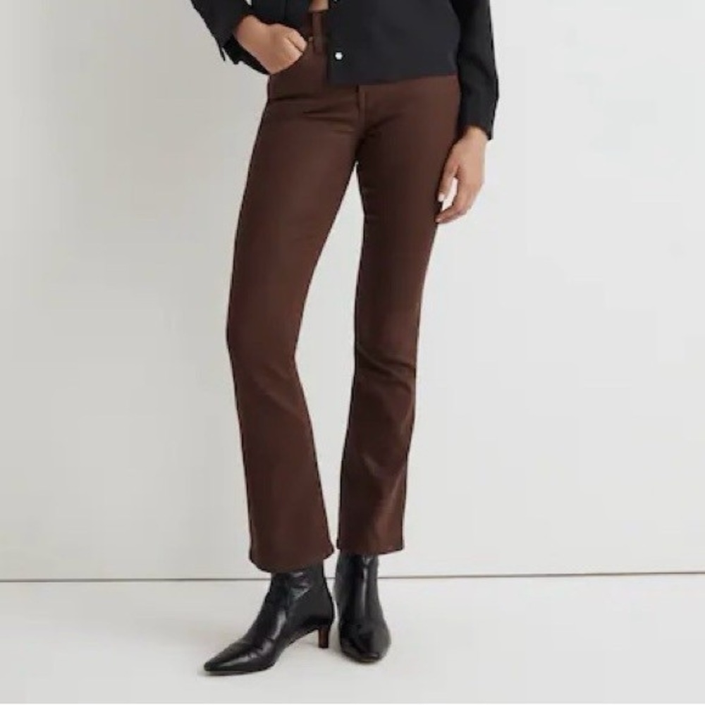 Madewell Mid Rise Kick Out Crop Jeans Hot Cocoa Brown Coated Waxed Western Moto